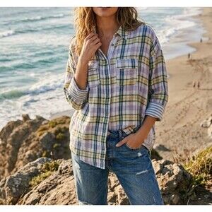 Free People One Of The Guys Plaid Shirt Top Oversized Print ButtondownS-4 211154
